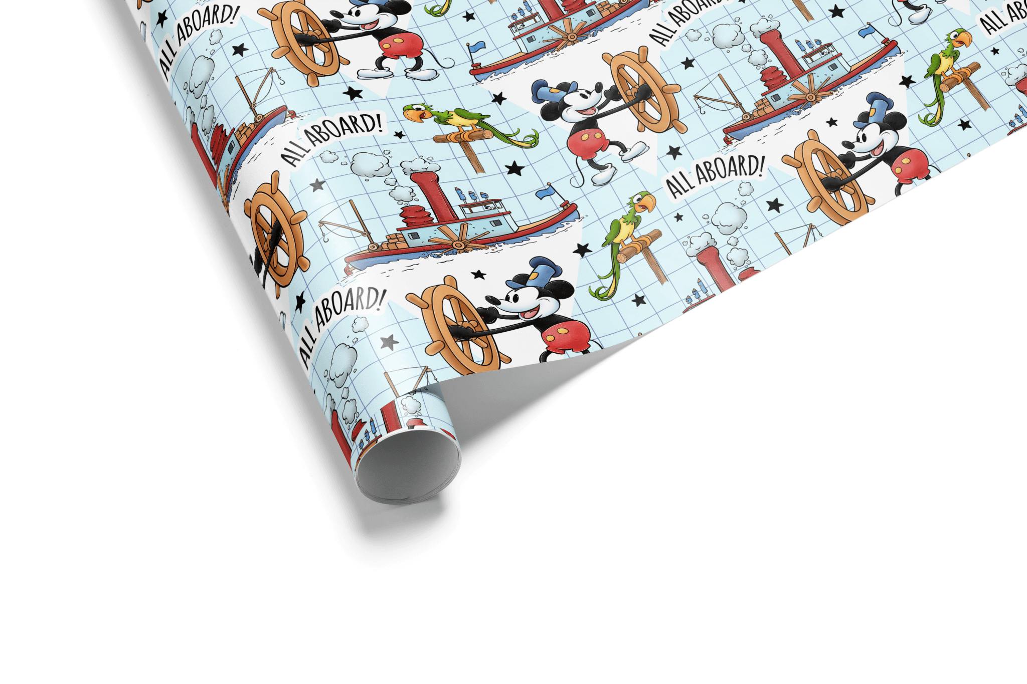 Alt Tag: Whistling Riverboat Nostalgia Voyage steamboat willie wrapping paper for kids, vintage whistling mouse riverboat pattern gift wrap