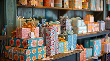 Colorful display of boutique wrapping paper gift boxes arranged on wooden shelves in a curated retail setting.
