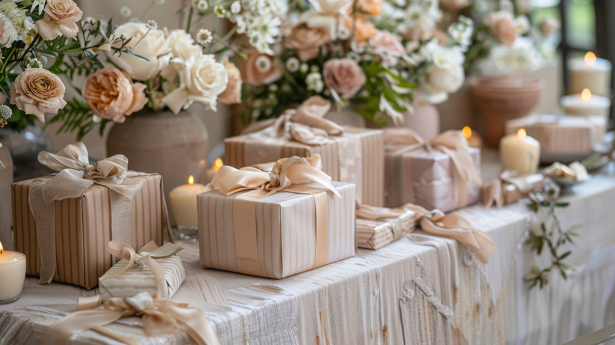 Luxury wedding gift wrapping ideas styled on an elegant reception gift table with neutral palettes, satin ribbons, florals, and candlelight.