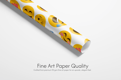 White wrapping paper with a dense, colorful pattern of various yellow emoji faces, including the kissing face and heart-eye emoji, ideal for birthday gifts.