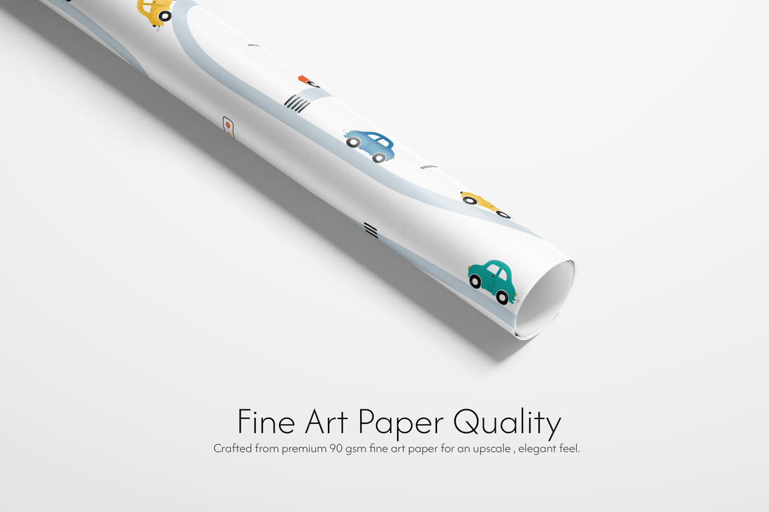 Roll of paper with cartoon cars on a white background, labeled &