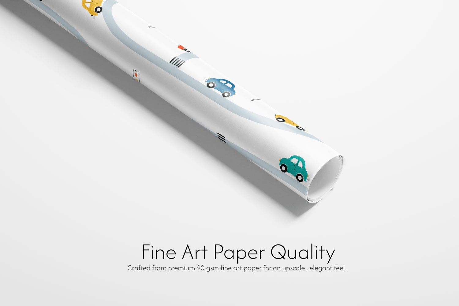 Roll of paper with cartoon cars on a white background, labeled &