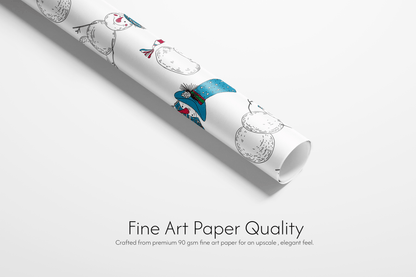 White Christmas wrapping paper with a dense, scattered pattern of hand-drawn snowmen accented with small touches of red and blue color.