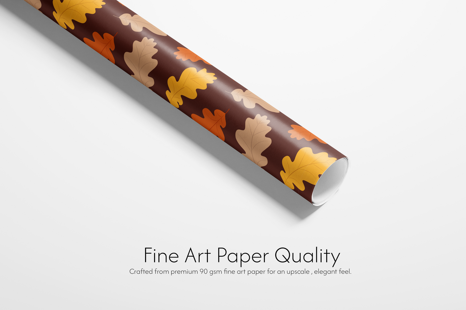 Dense fall wrapping paper with a scattered pattern of stylized leaves in burnt orange, brown, and yellow, ideal for autumn and Thanksgiving gifts.
