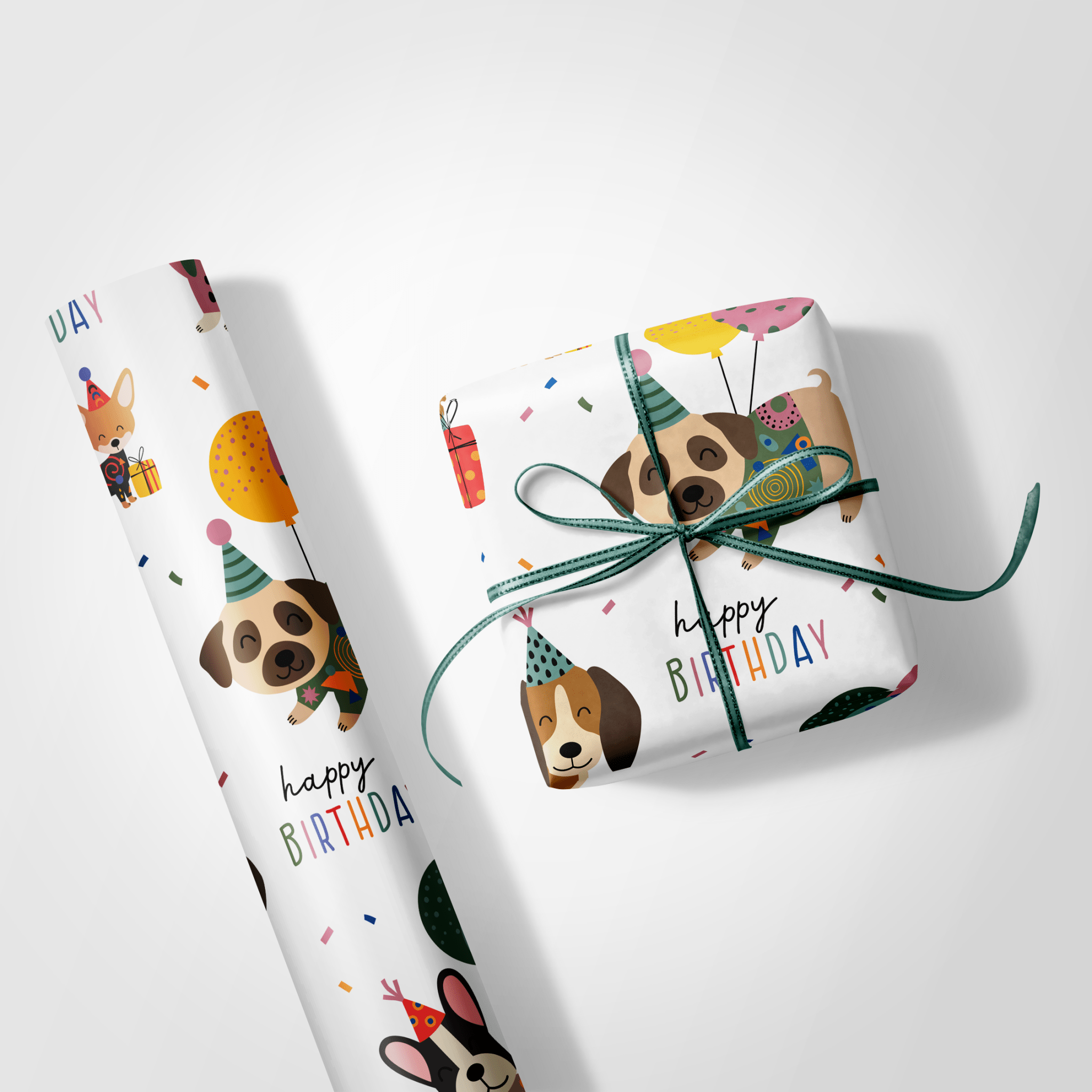 Birthday-themed gift wrap with cartoon dogs and &