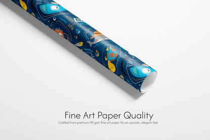 Roll of paper with space-themed design on a white background