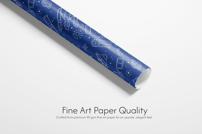 Deep blue wrapping paper with white line-art pattern of rockets, satellites, planets, and stars, ideal for space and boy birthday wrapping paper.