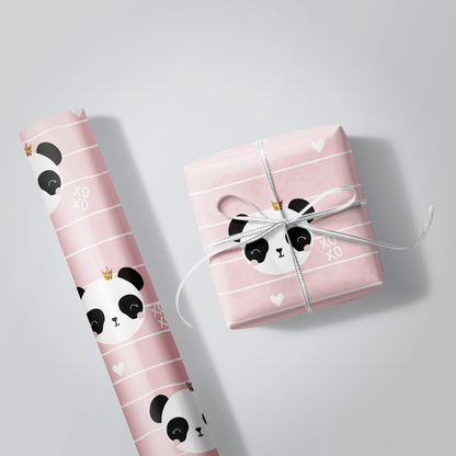 Pink panda-themed gift wrap with a wrapped present on a light gray background