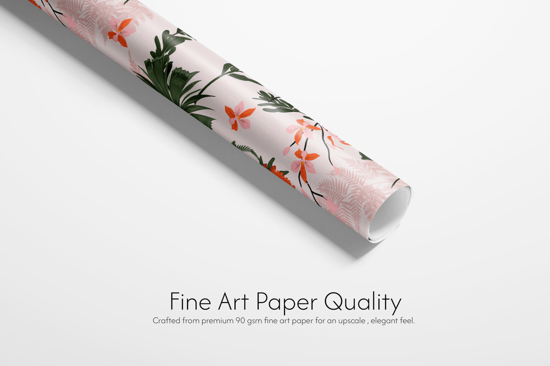 Roll of floral-patterned paper with text about fine art paper quality on a white background