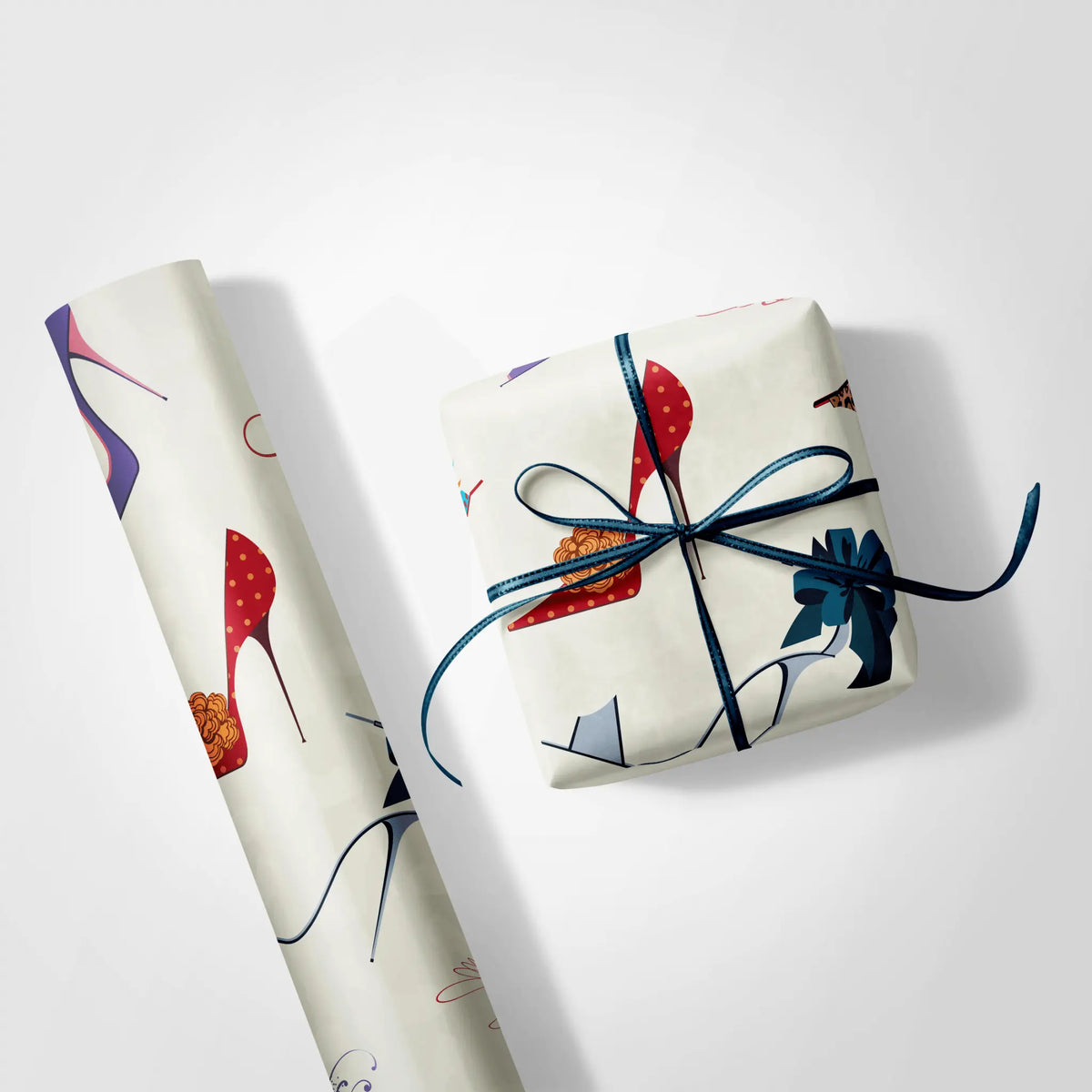 Birthday Wrapping Paper for Her - Haus of Wraps Sole Searching wrapping paper, perfect for birthdays, weddings, or holidays, with chic stiletto gifts on display.