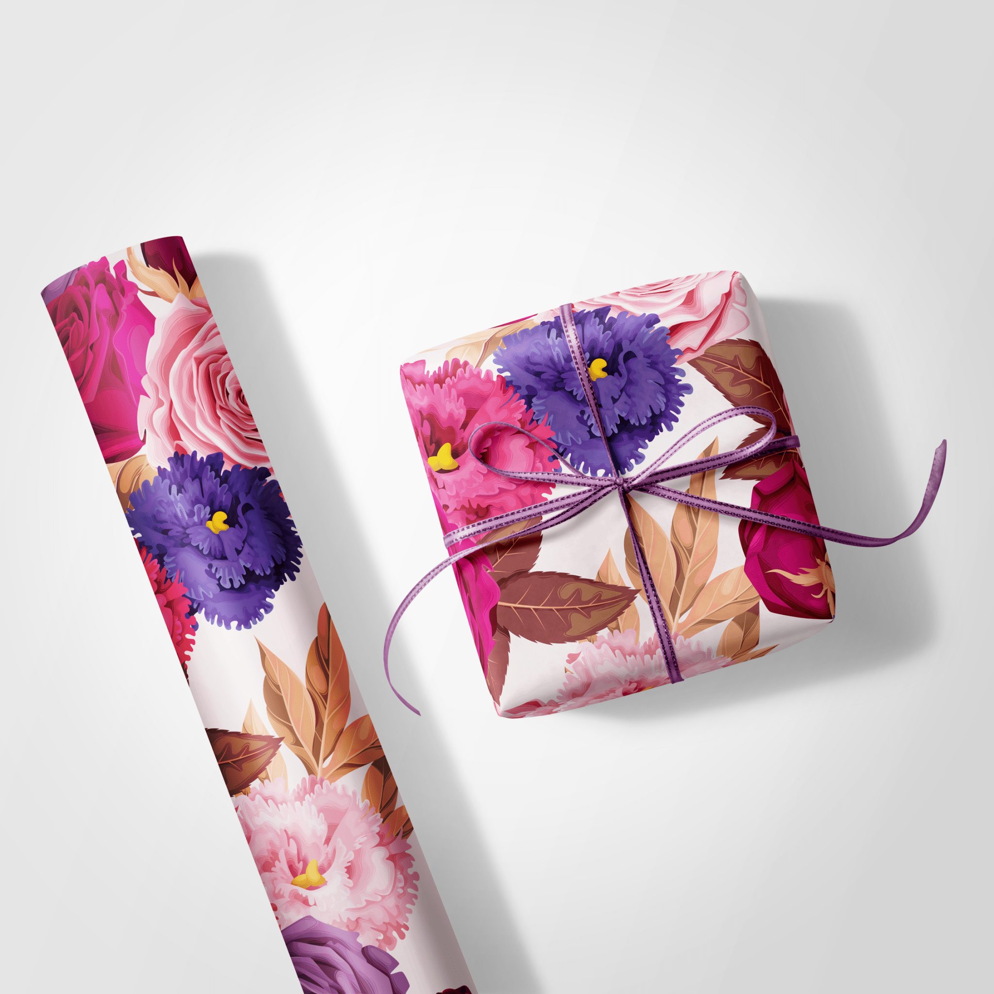 Floral gift wrap with a wrapped present on a white background