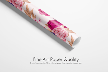 Roll of floral-patterned paper with text about fine art paper quality on a white background