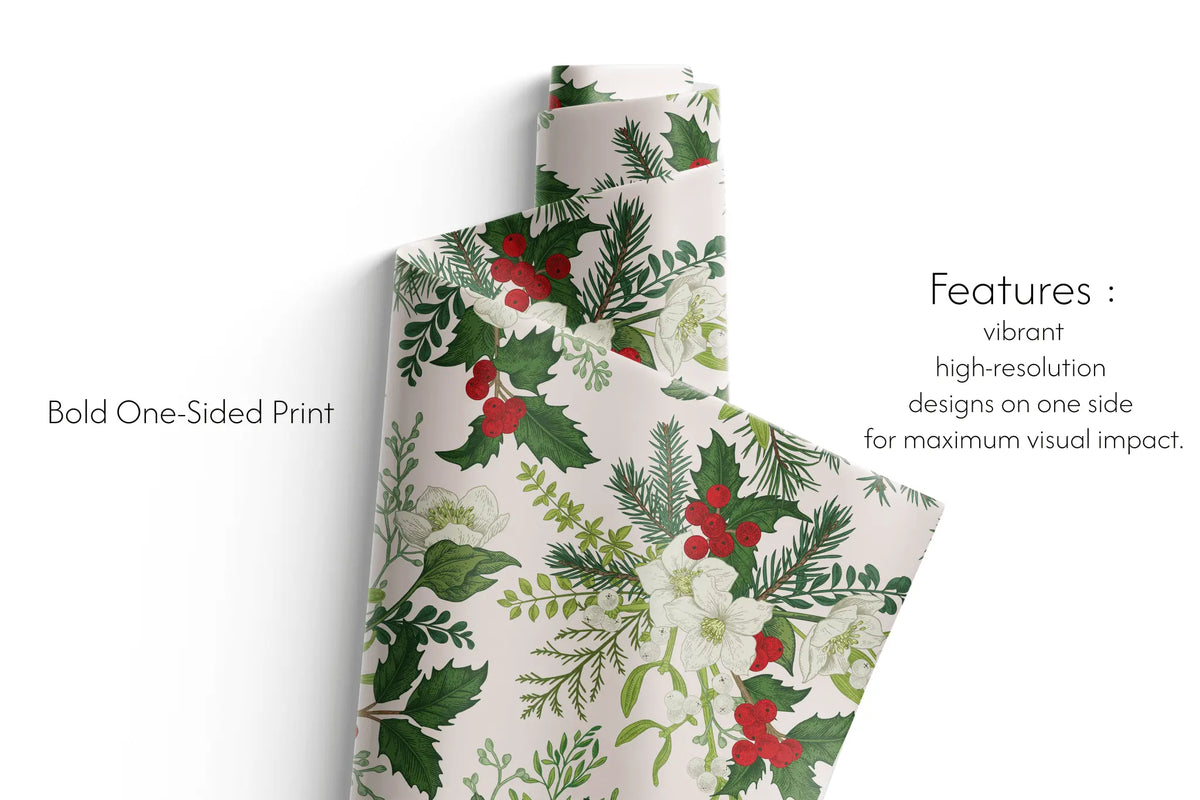 Alt Tag: Petal Botanica Botanical Christmas Wrapping Paper roll with holly berries, green foliage, and white roses on blush pink backdrop