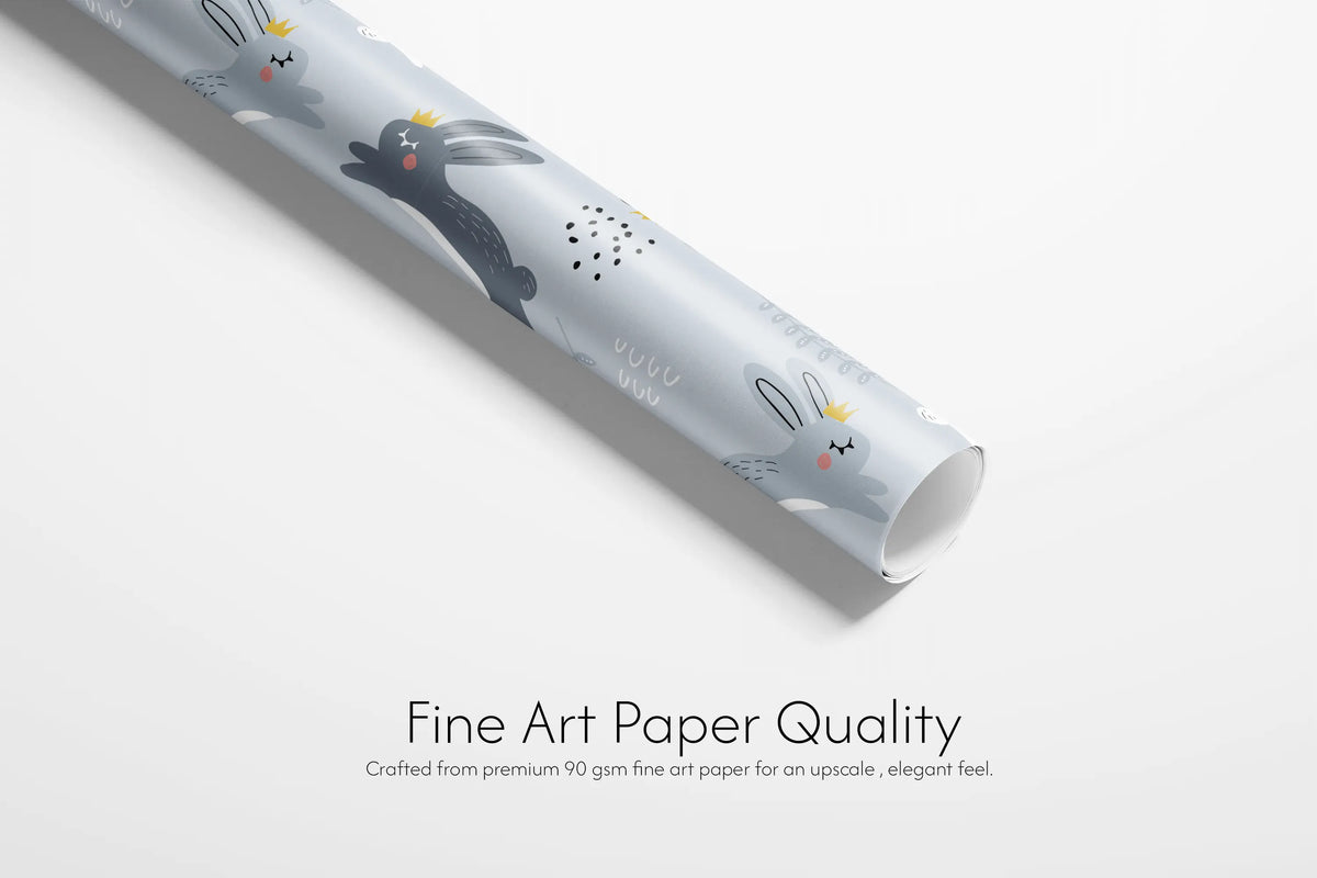 Haus of Wrap The Crowned Hare gift wrap—light blue fine art paper with whimsical bunnies, perfect for weddings, birthdays, holidays.
