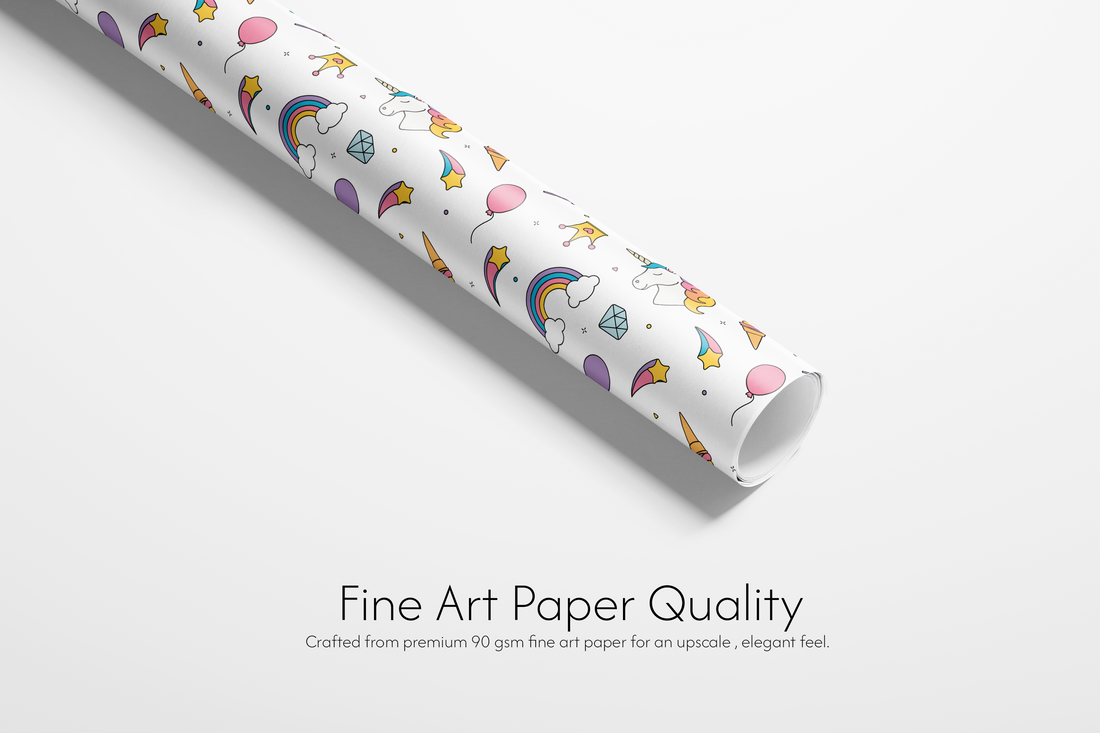Roll of paper with unicorn and rainbow pattern on a white background
