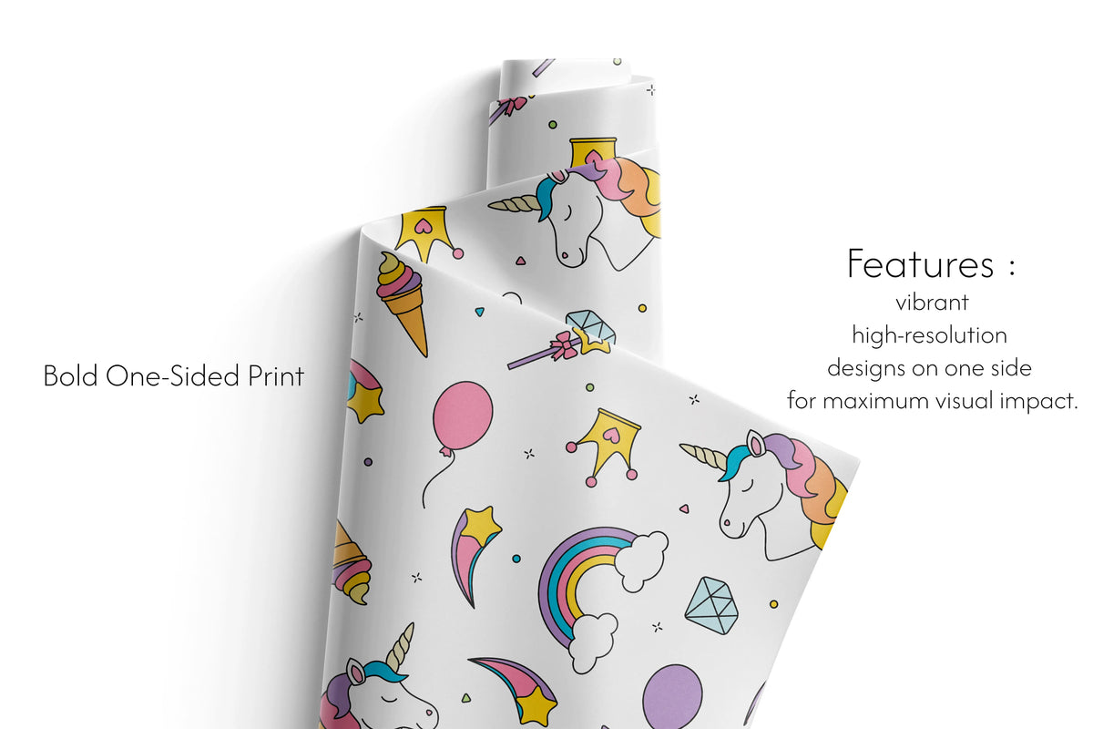 Unicorn Birthday Gift Wrap fuchsia fantasy wrapping paper with unicorns, rainbow, crowns, balloons and ice cream on white background
