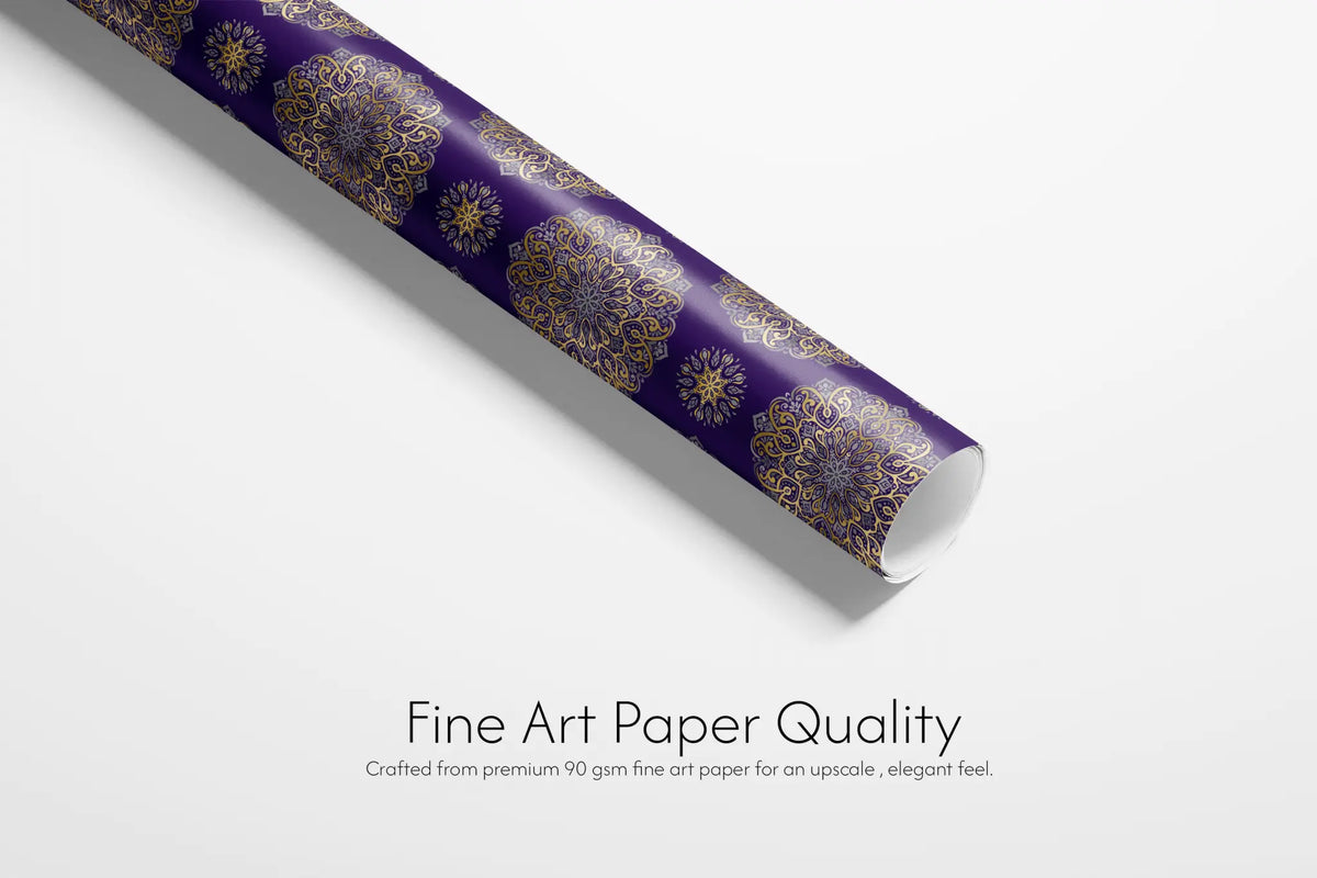 Alt Tag: Mandala Gift Wrap Amethyst Luster purple wrapping paper roll with metallic gold medallion mandala pattern, fine art paper quality