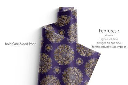 Purple wrapping paper with gold floral patterns on a white background