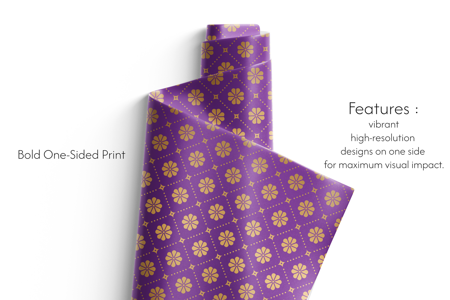 Purple paper with gold floral pattern on a white background