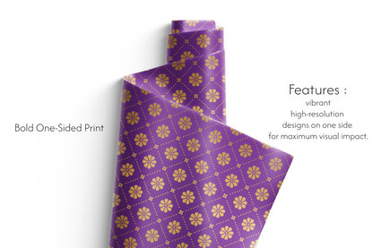 Purple paper with gold floral pattern on a white background