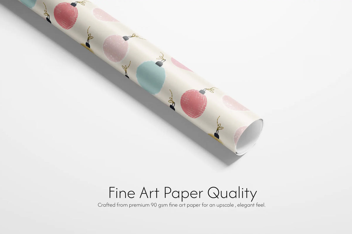 Vibrant wrapping paper with colorful Christmas ornaments and floral baubles. Cute holiday gift wrap for festive celebrations.