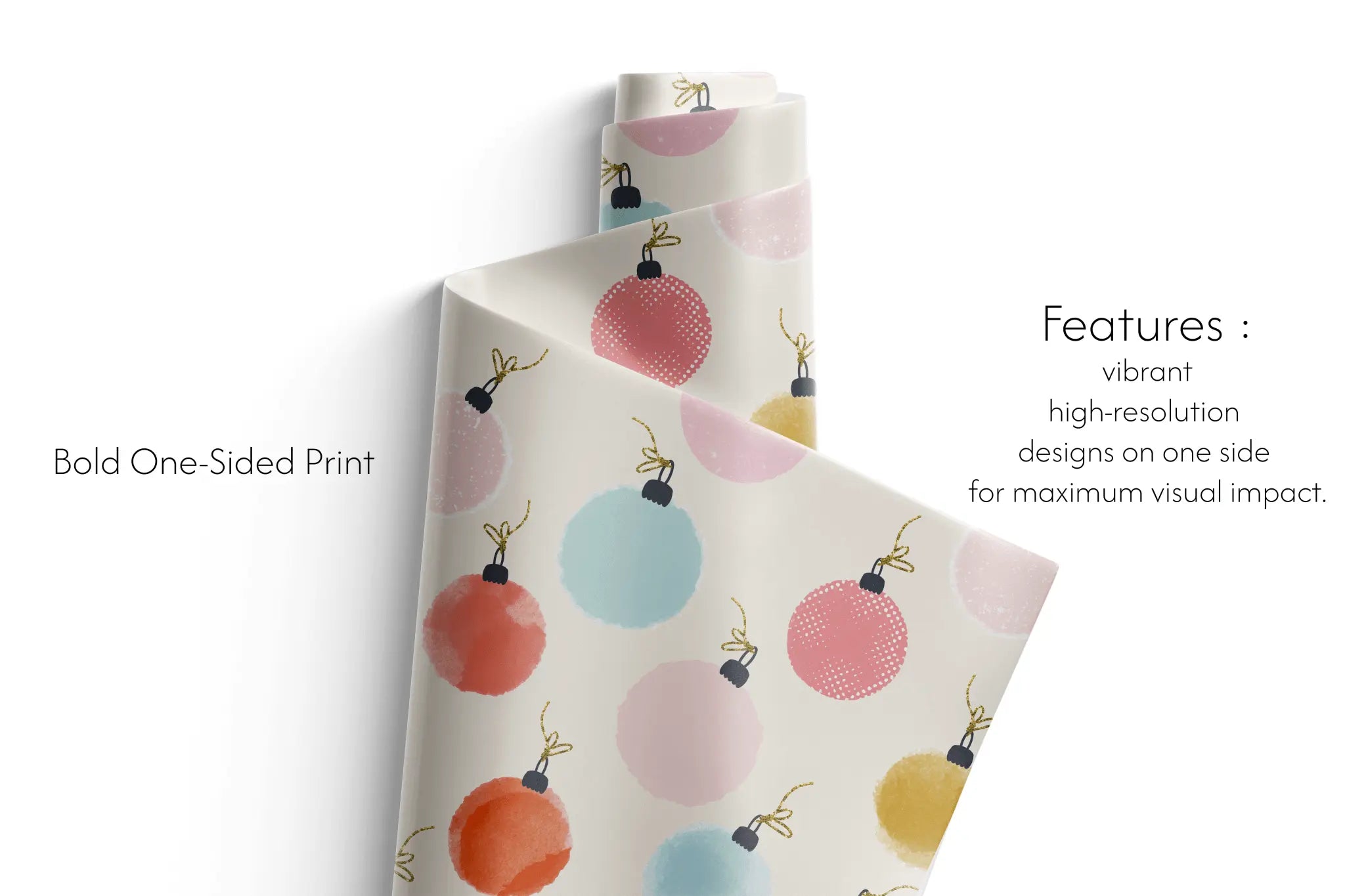 Vibrant wrapping paper with colorful Christmas ornaments and floral baubles. Cute holiday gift wrap for festive celebrations.