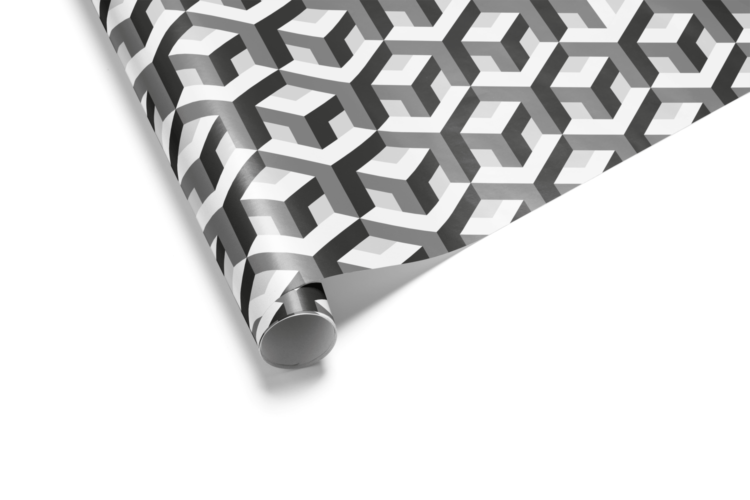 Black and white wrapping paper with a dense, interlocking 3D cube or tumbling blocks geometric pattern, creating an optical illusion.