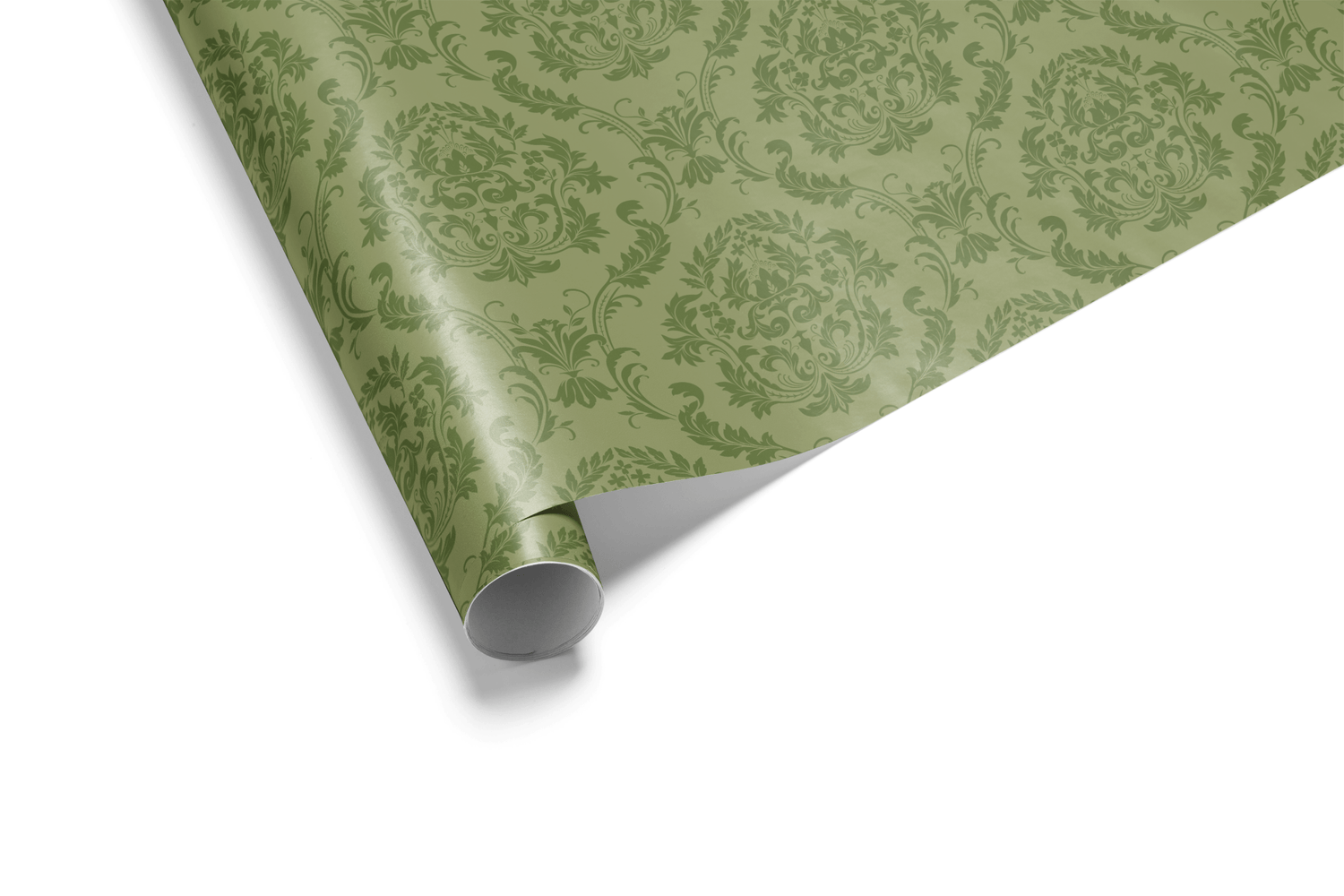 Monochromatic sage green wrapping paper with a dense, repeating damask or formal scrolling pattern, conveying a sense of vintage luxury.


