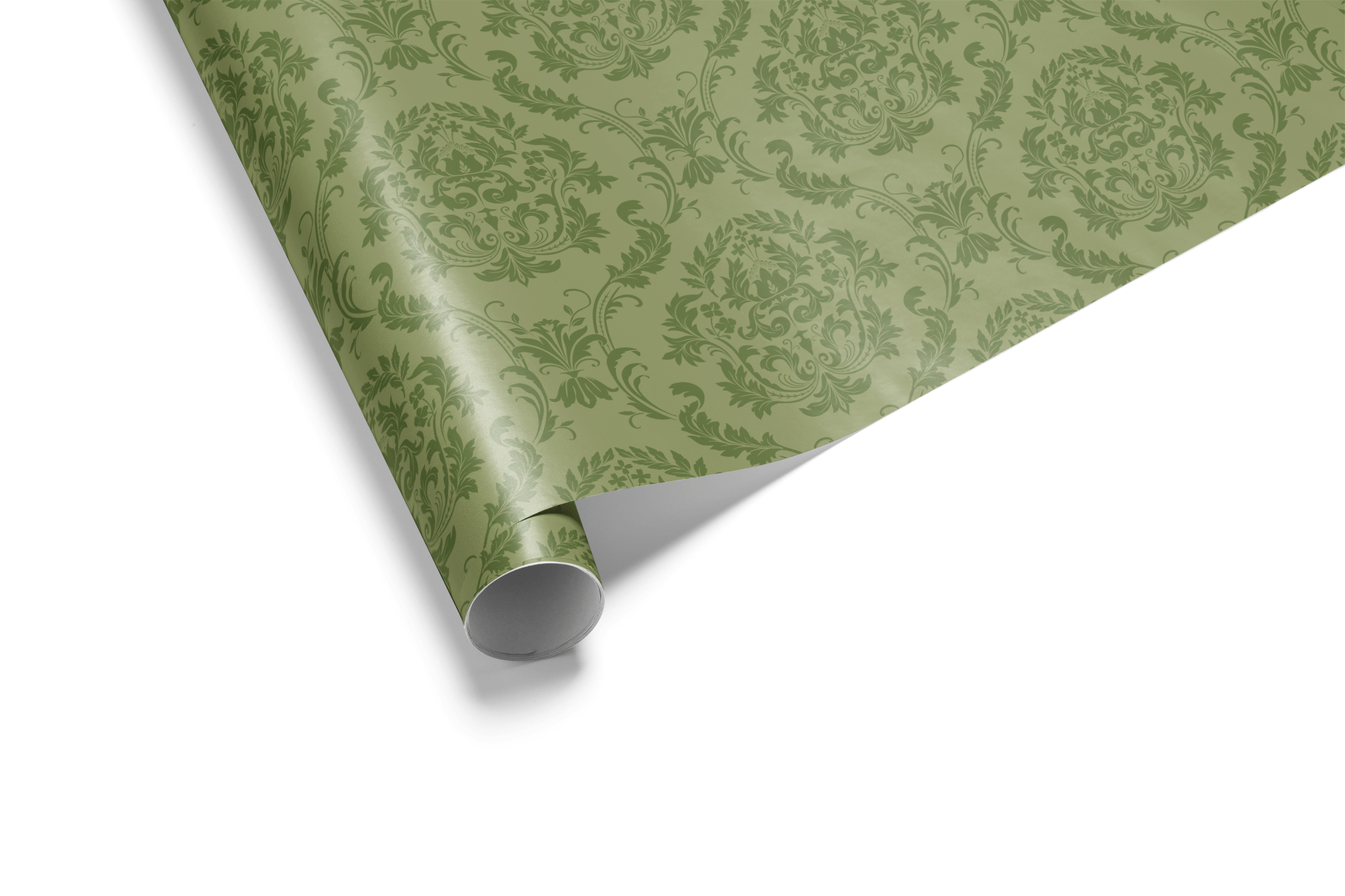 Monochromatic sage green wrapping paper with a dense, repeating damask or formal scrolling pattern, conveying a sense of vintage luxury.

