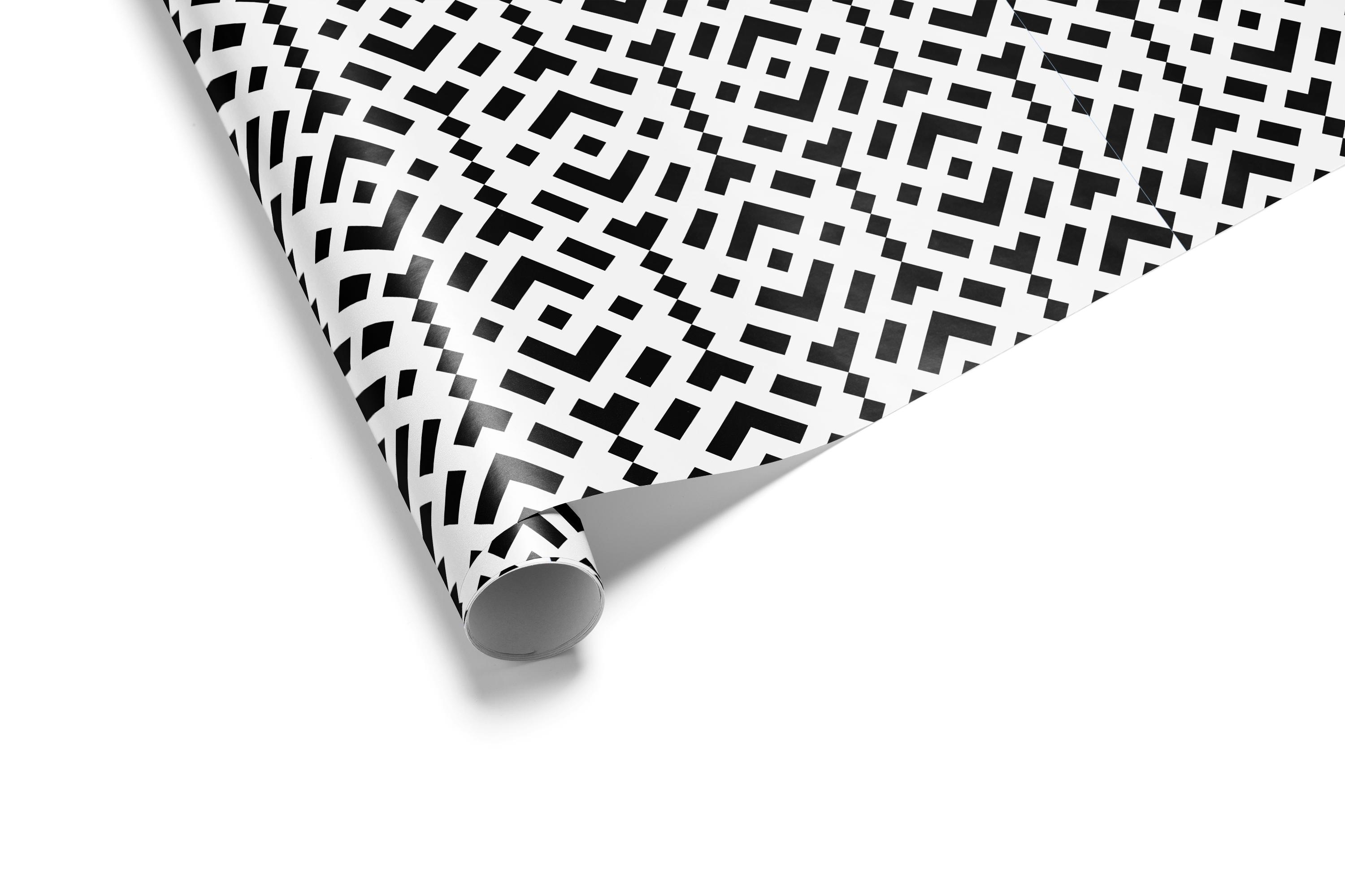 Dense black and white wrapping paper with an intricate micro-pattern of interlocking V-shapes and dots, resembling a woven textile, ideal for geometric wrapping paper.