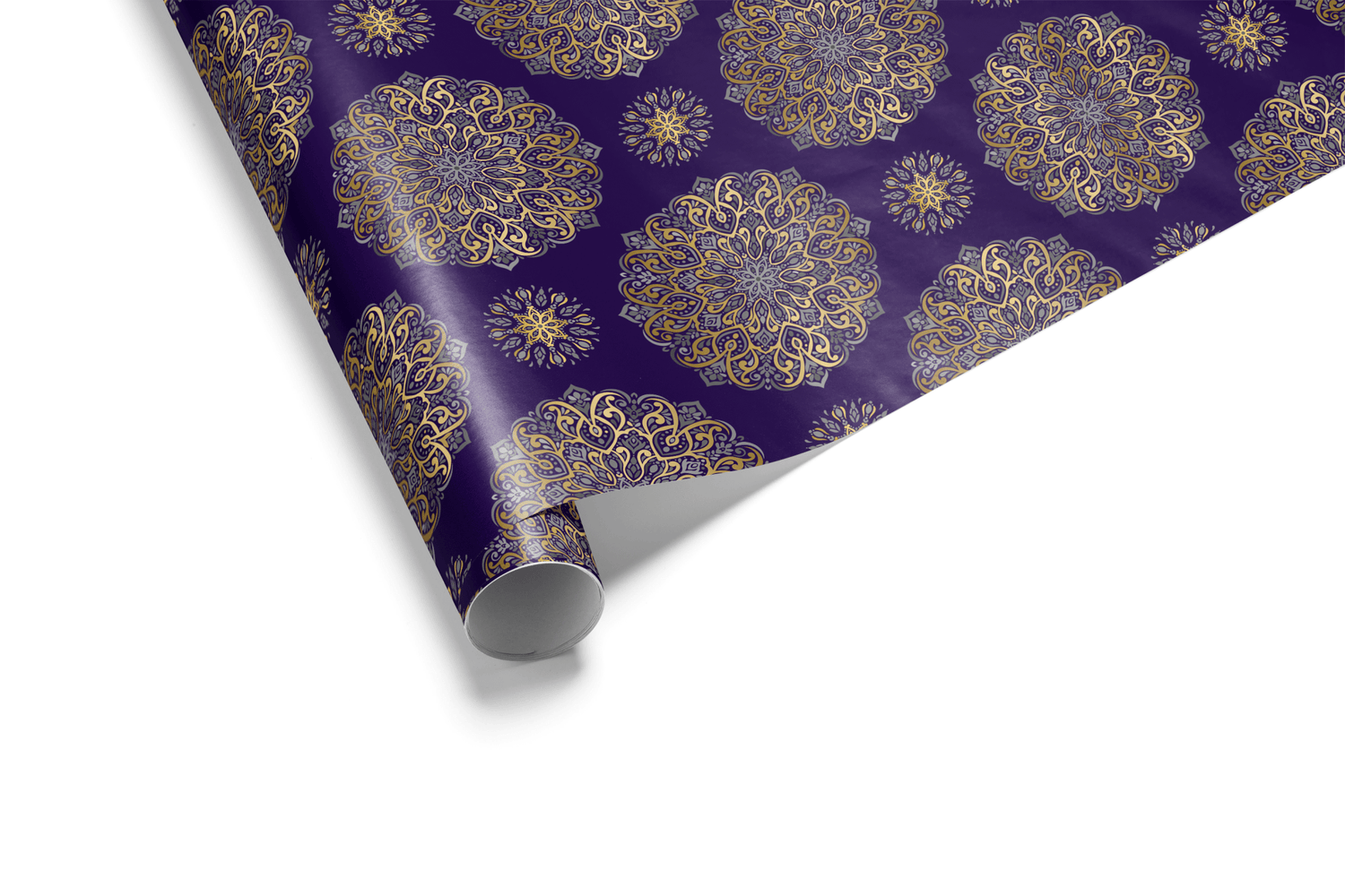 Deep purple wrapping paper with a large, repeating ornate gold and silver metallic Mandala or medallion pattern, ideal for luxury, formal gift wrap, and purple and silver wedding themes.