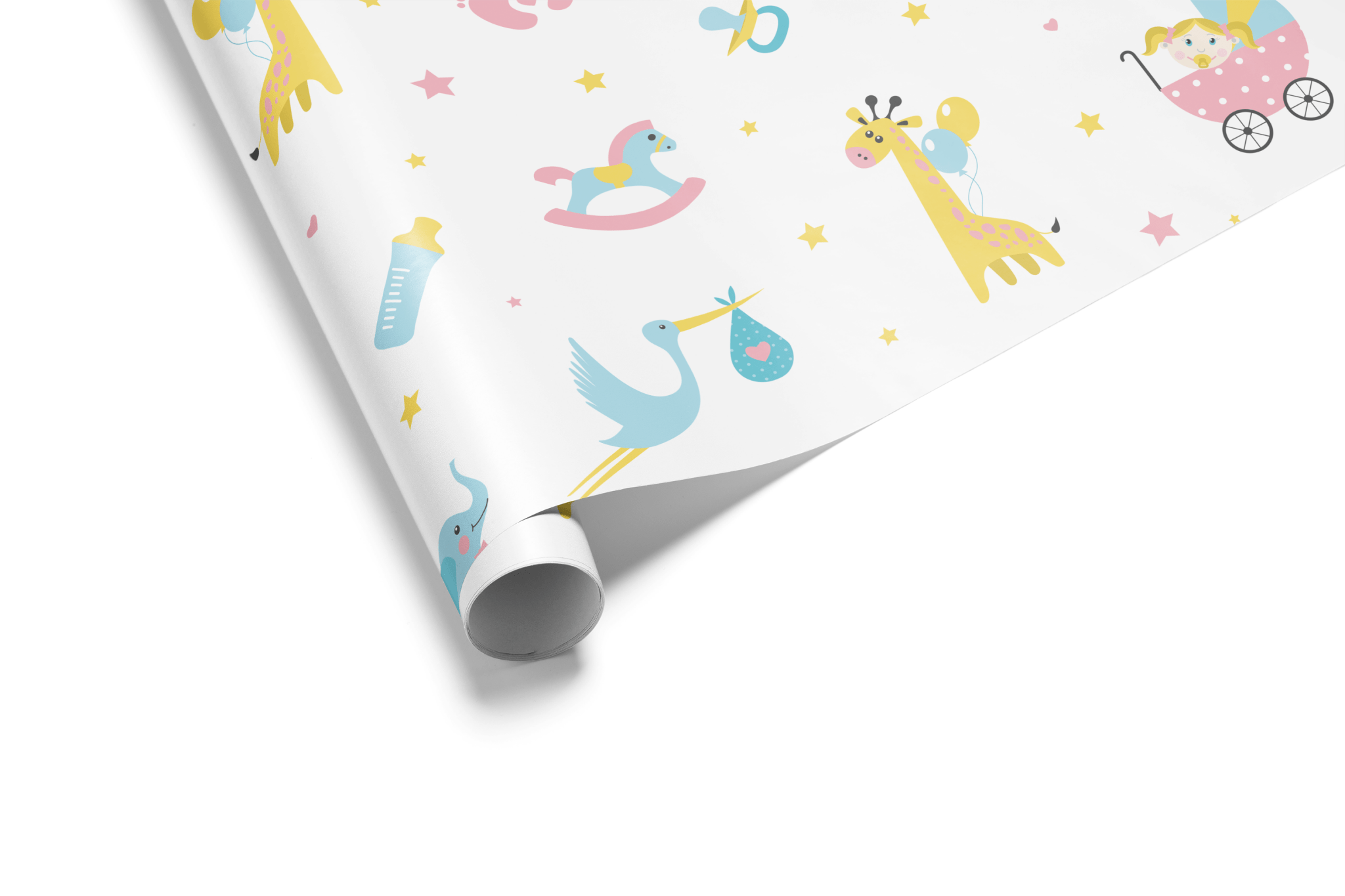  White wrapping paper with a scattered pattern of baby icons, giraffes, storks, and footprints in pastel pink, blue, and yellow, ideal for baby shower wrapping paper.