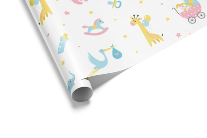  White wrapping paper with a scattered pattern of baby icons, giraffes, storks, and footprints in pastel pink, blue, and yellow, ideal for baby shower wrapping paper.