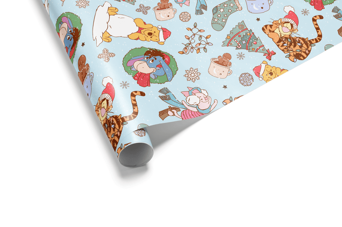 Light blue Christmas wrapping paper with a dense pattern of cartoon Winnie the Pooh and Tigger characters, stylized with Christmas wreaths and Santa hats.