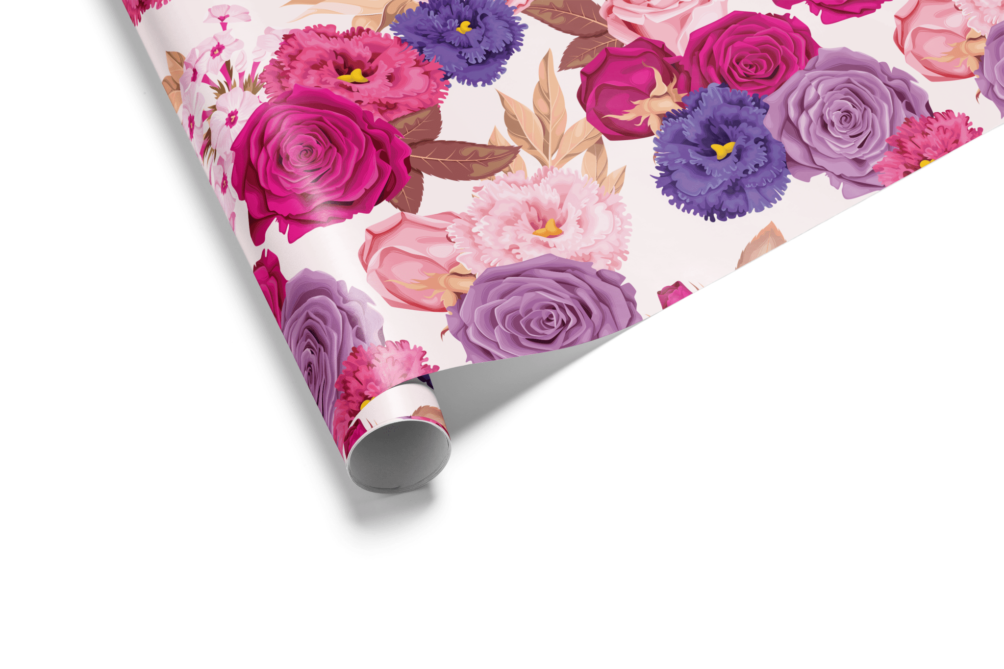 White wrapping paper with a dense pattern of large, vibrant pink and purple roses and filler flowers with gold leaves, ideal for floral wrapping paper and romantic gifts.