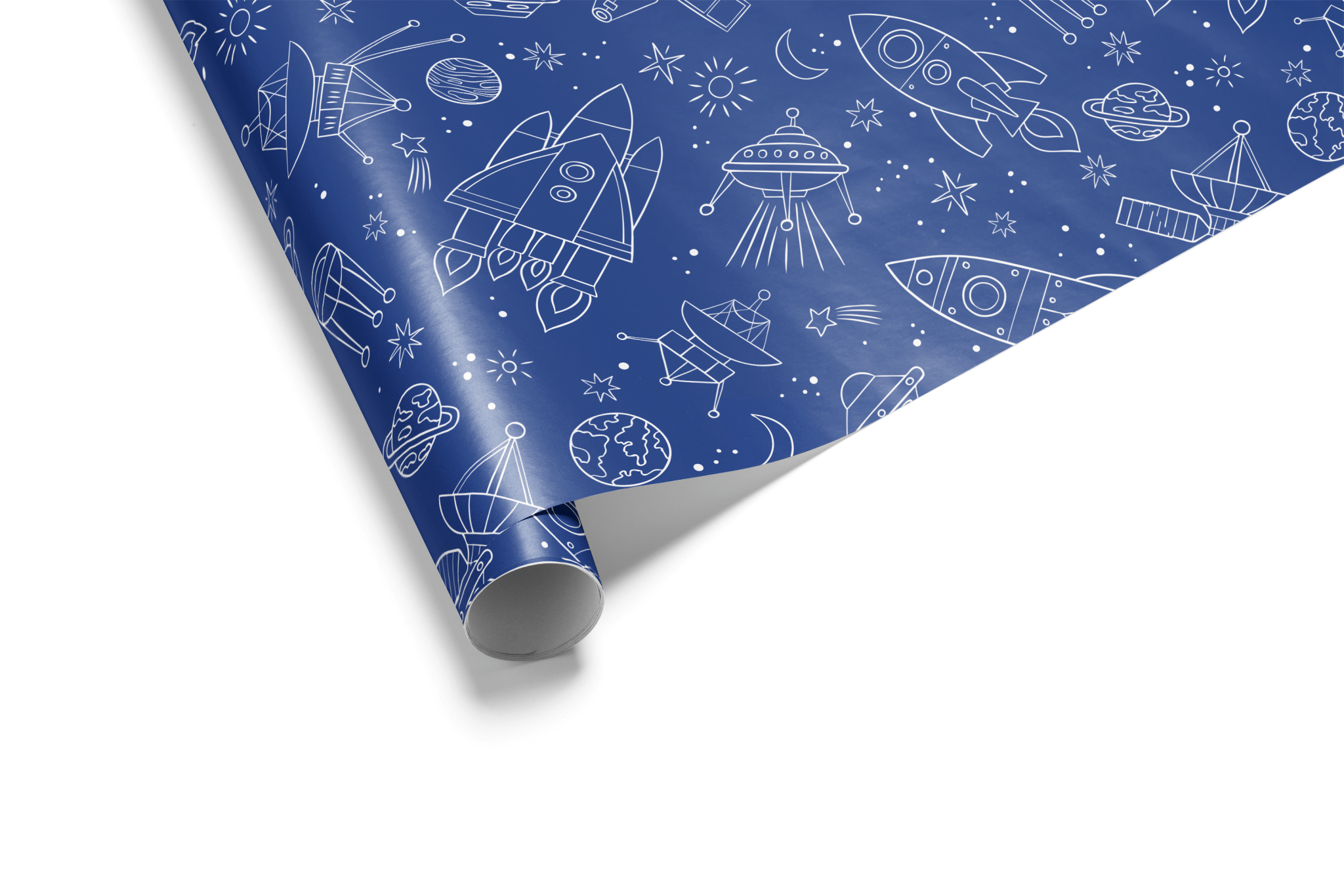 Deep blue wrapping paper with white line-art pattern of rockets, satellites, planets, and stars, ideal for space and boy birthday wrapping paper.