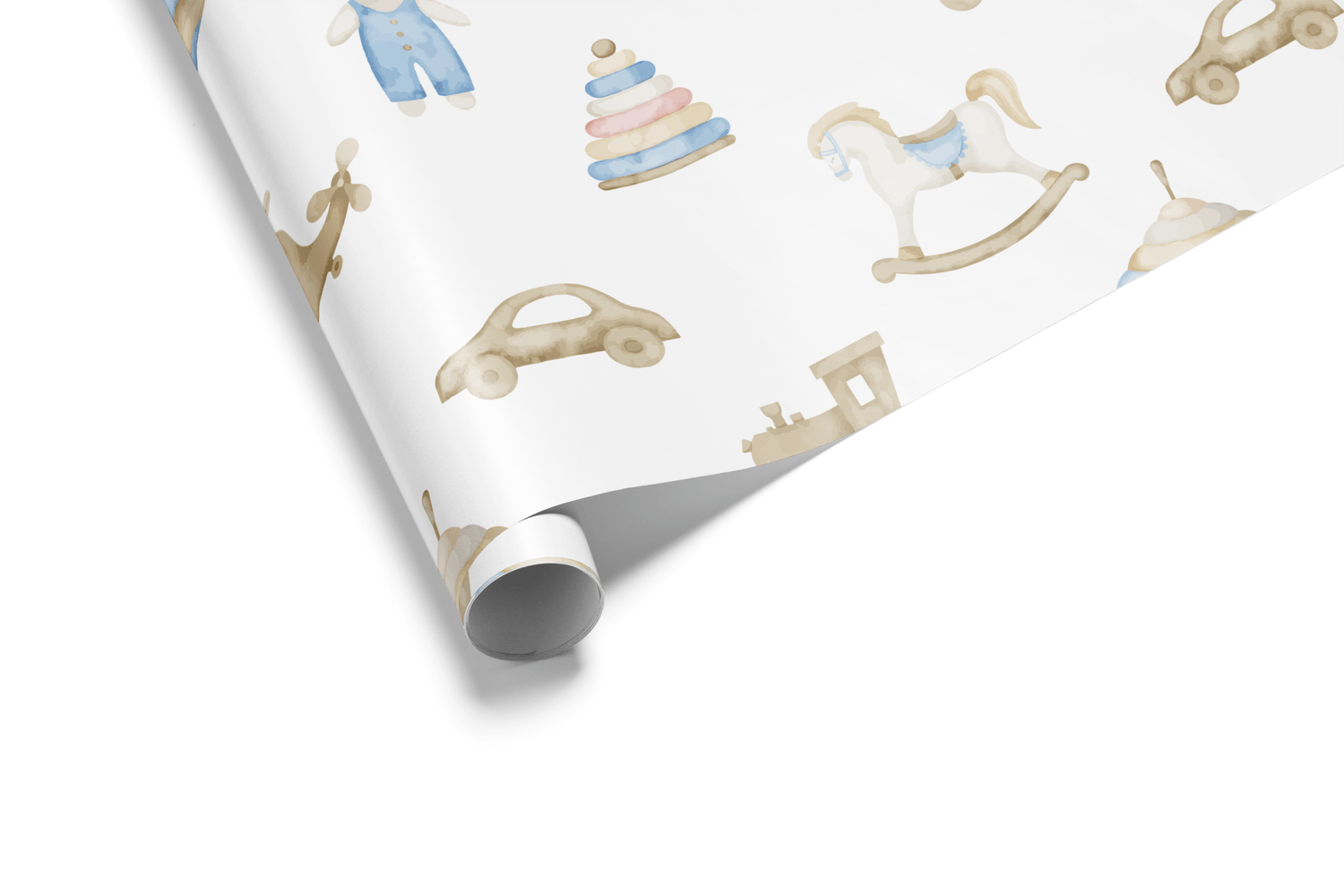 White wrapping paper with a watercolor pattern of baby boy toys in soft blue and brown, including a teddy bear, stacking rings, and a rocking horse.
