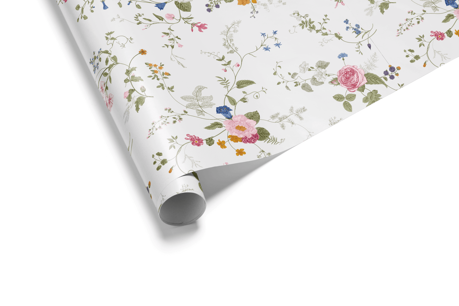 White wrapping paper with a detailed pattern of scattered, colorful wildflowers and roses on delicate green trailing vines, ideal for floral wrapping paper and elegant gifts.