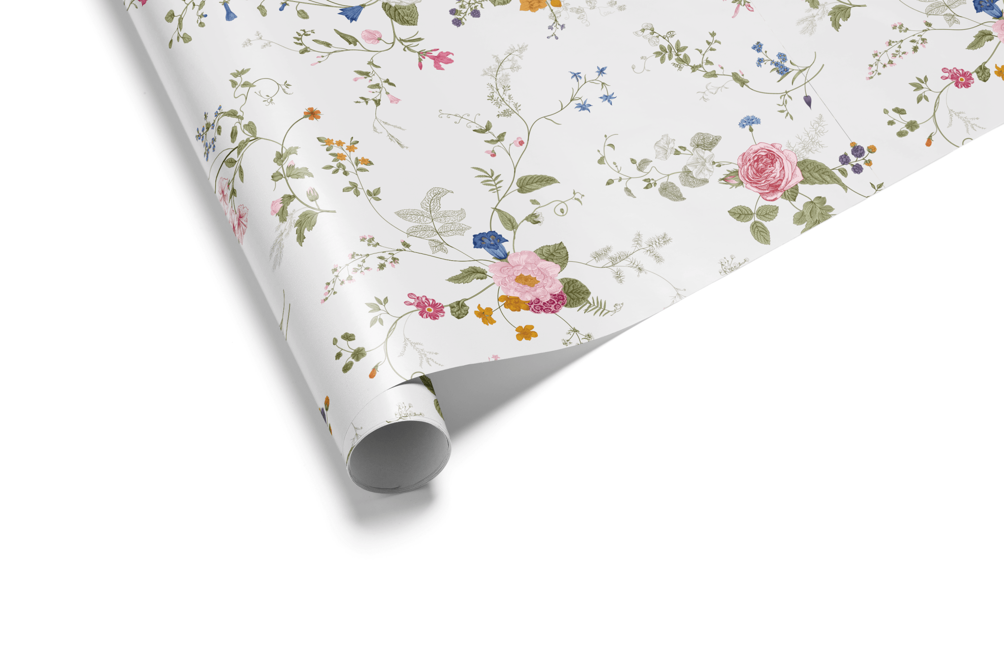 White wrapping paper with a detailed pattern of scattered, colorful wildflowers and roses on delicate green trailing vines, ideal for floral wrapping paper and elegant gifts.