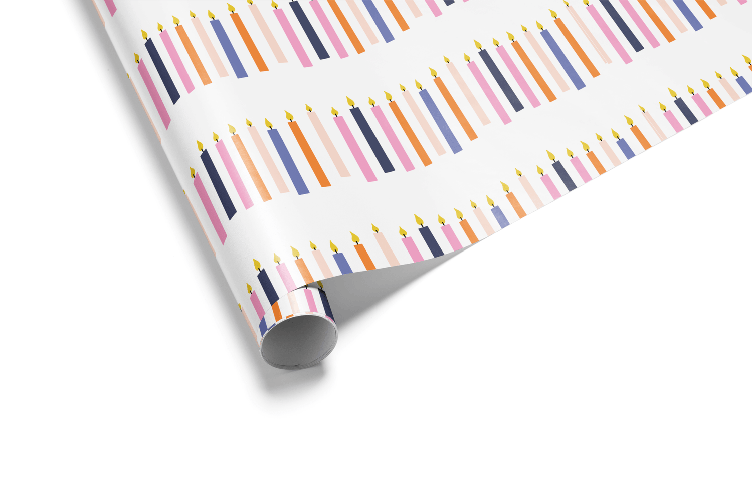  White birthday wrapping paper with dense horizontal rows of small, colorful candles in pink, orange, and purple, ideal for all birthday gifts.