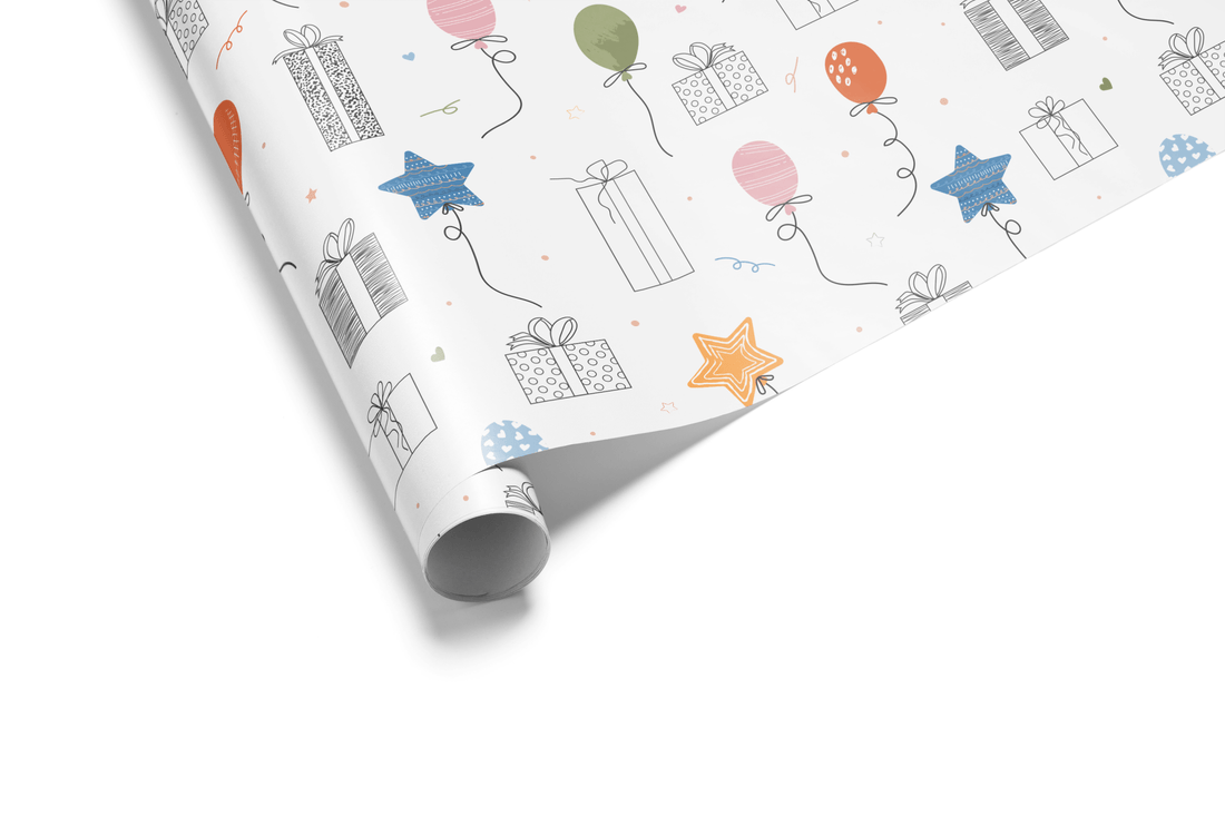 White wrapping paper with a scattered sketch pattern of floating balloons and wrapped presents in pastel colors and line art, ideal for birthday wrapping paper.