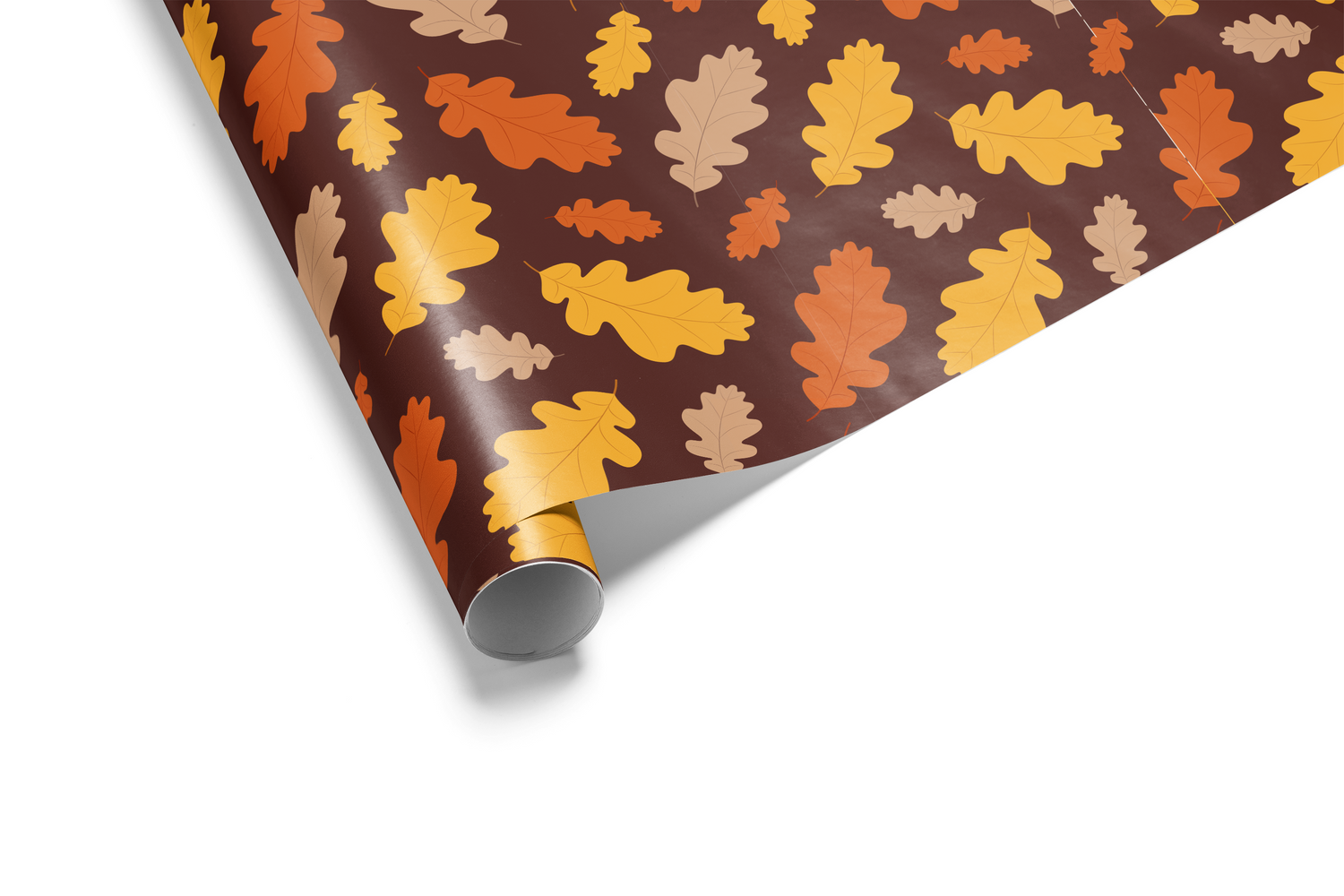 Dense fall wrapping paper with a scattered pattern of stylized leaves in burnt orange, brown, and yellow, ideal for autumn and Thanksgiving gifts.