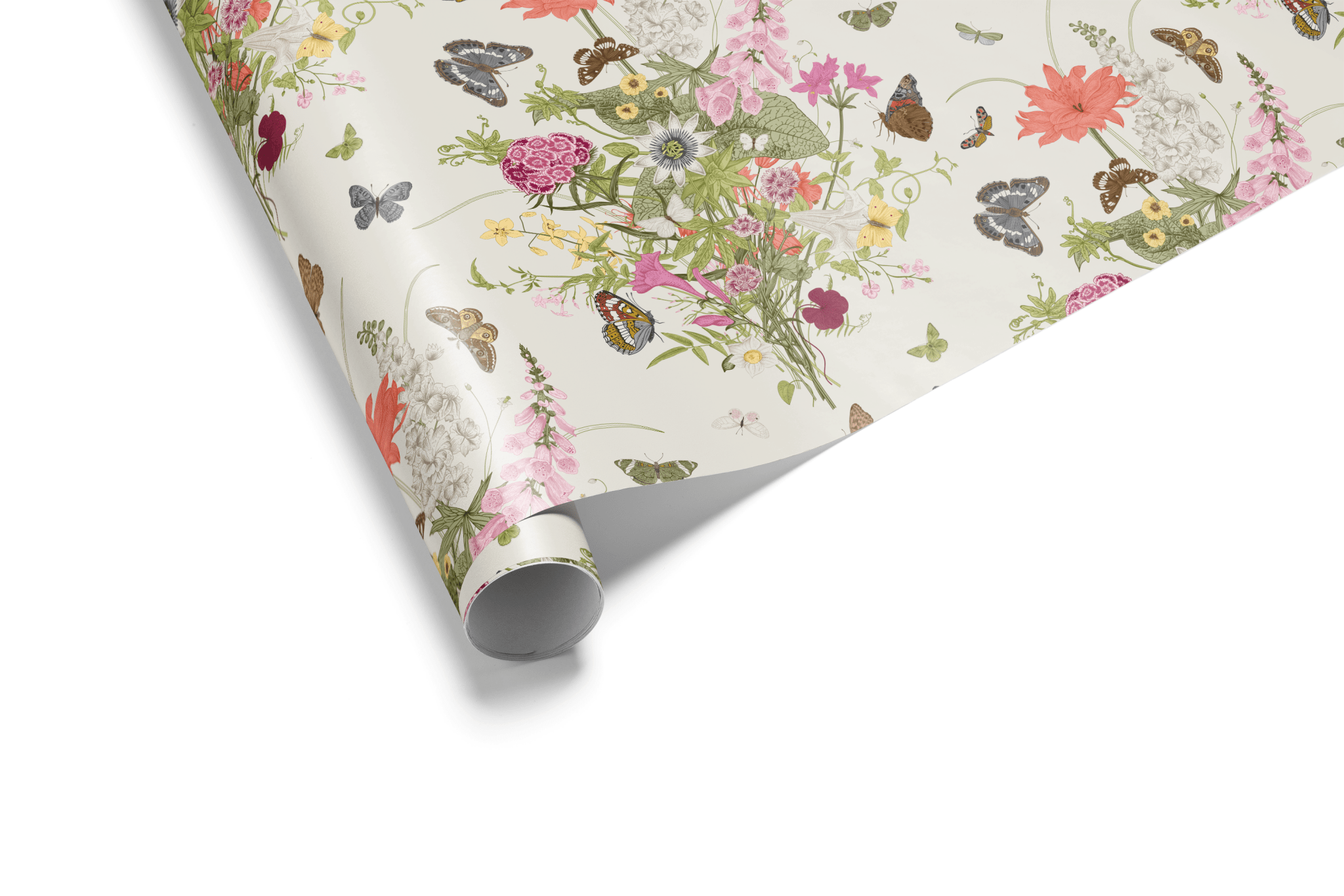 Cream-colored wrapping paper with a detailed botanical pattern of colorful wildflowers, moths, and butterflies in a vintage illustrated style, ideal for floral wrapping paper.