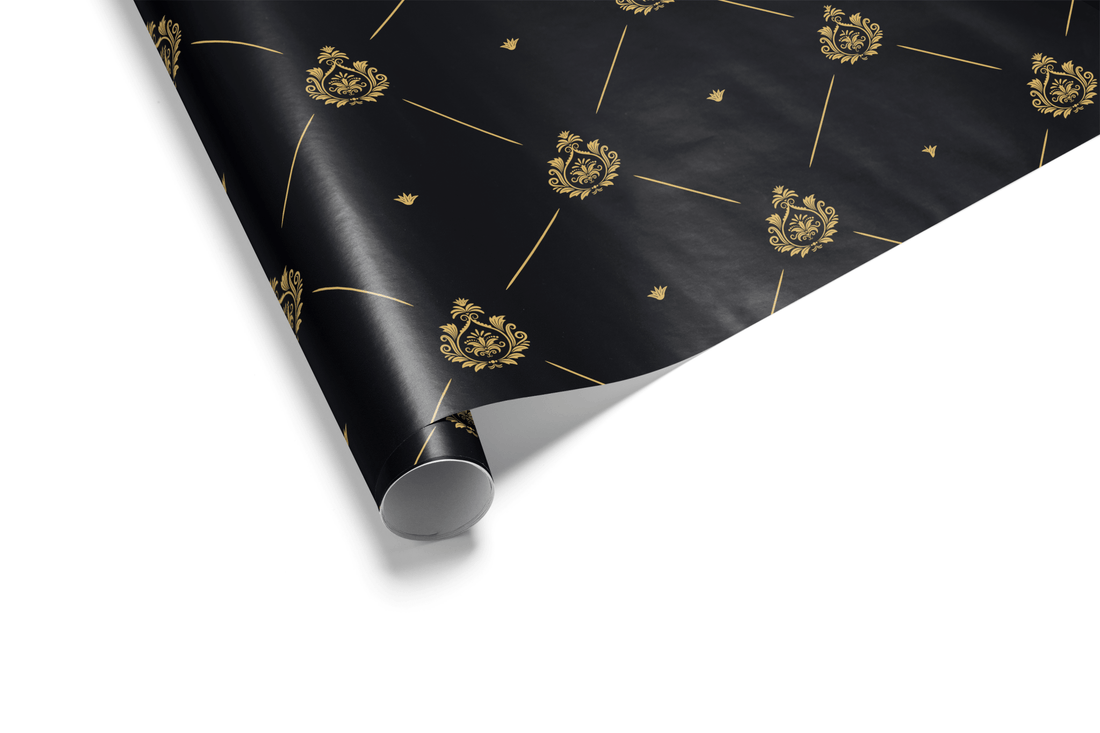 Solid black wrapping paper with a symmetrical pattern of gold metallic Damask crests framed by a diagonal gold geometric lattice, ideal for luxury gift wrap.