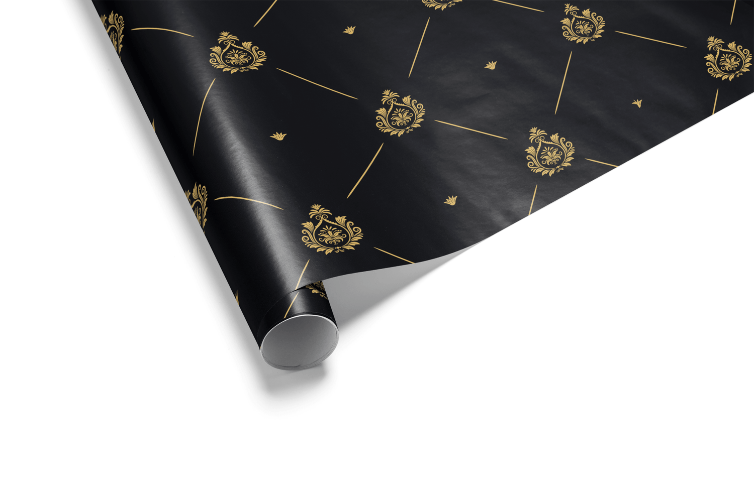 Solid black wrapping paper with a symmetrical pattern of gold metallic Damask crests framed by a diagonal gold geometric lattice, ideal for luxury gift wrap.