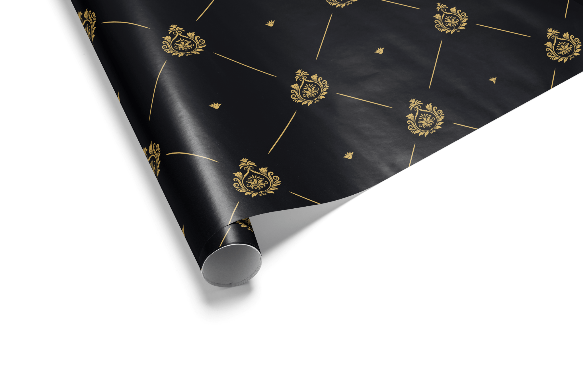 Solid black wrapping paper with a symmetrical pattern of gold metallic Damask crests framed by a diagonal gold geometric lattice, ideal for luxury gift wrap.