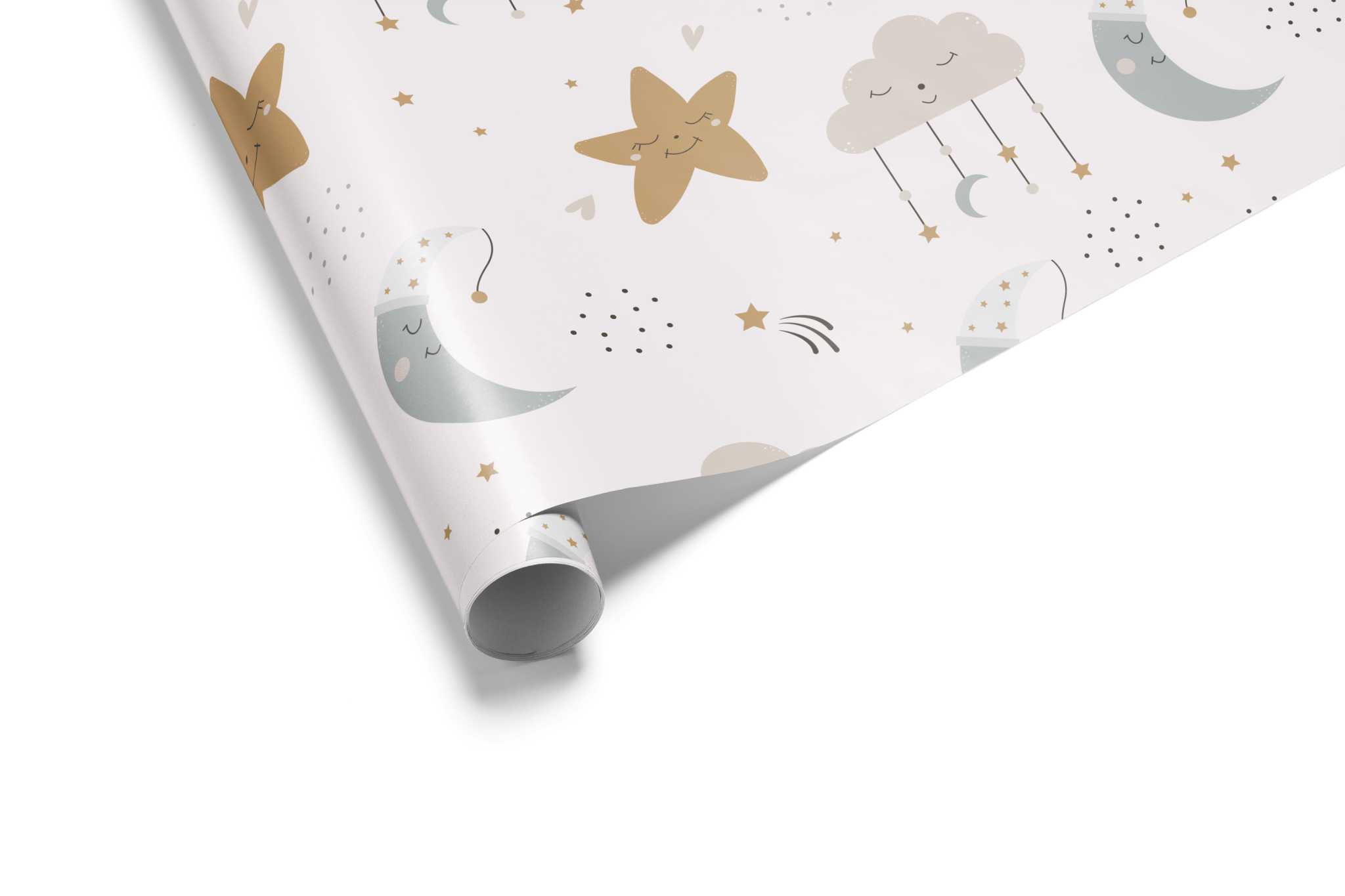 Light-colored wrapping paper with a scattered pattern of sleeping cartoon stars, crescent moons, and clouds in soft blue and tan pastels, ideal for baby shower wrapping paper.