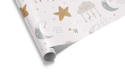 Light-colored wrapping paper with a scattered pattern of sleeping cartoon stars, crescent moons, and clouds in soft blue and tan pastels, ideal for baby shower wrapping paper.