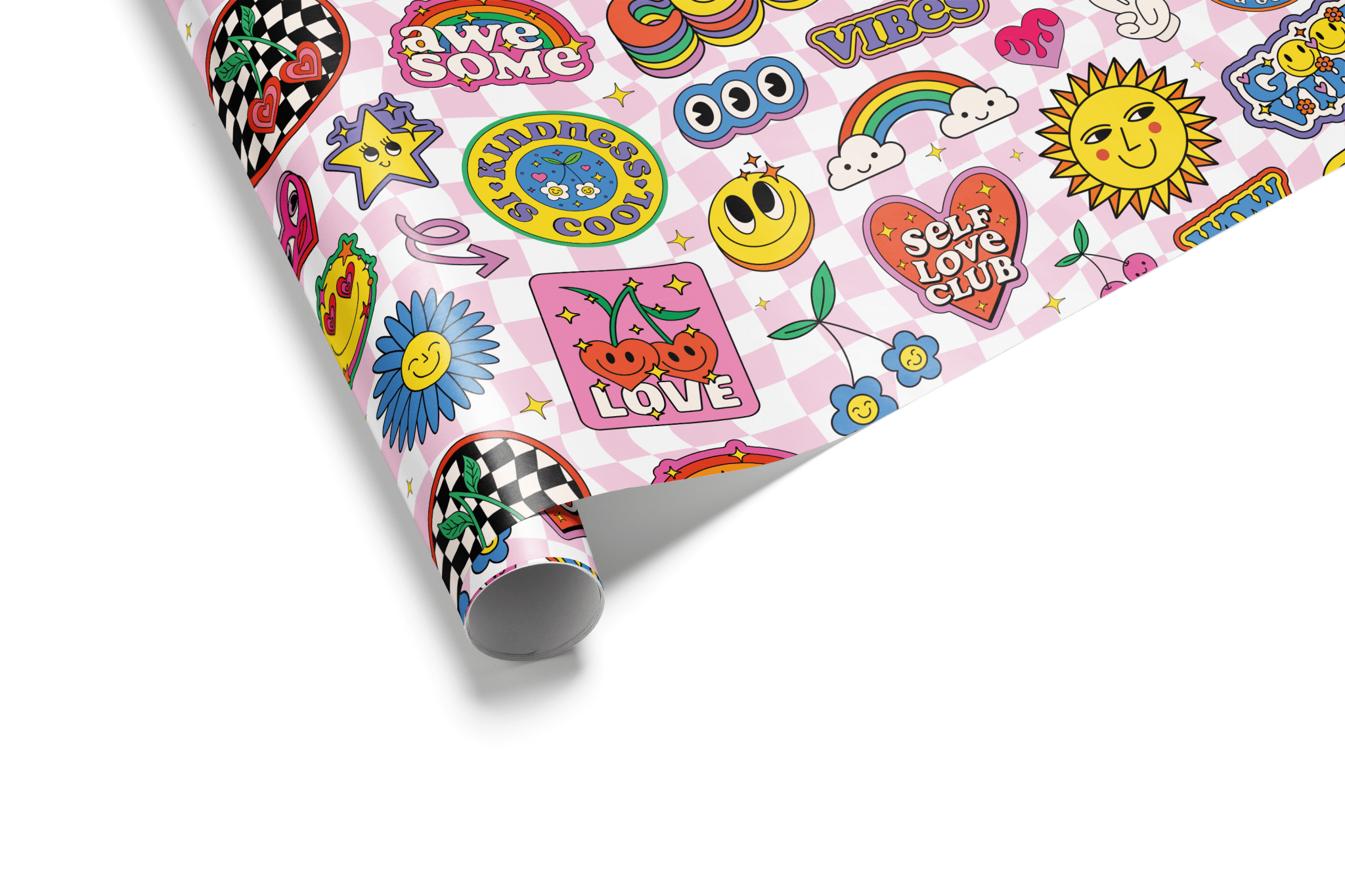 Pink and white checkerboard wrapping paper with a dense collage of colorful retro stickers, including emoji faces, rainbows, cherries, and positive slogans.