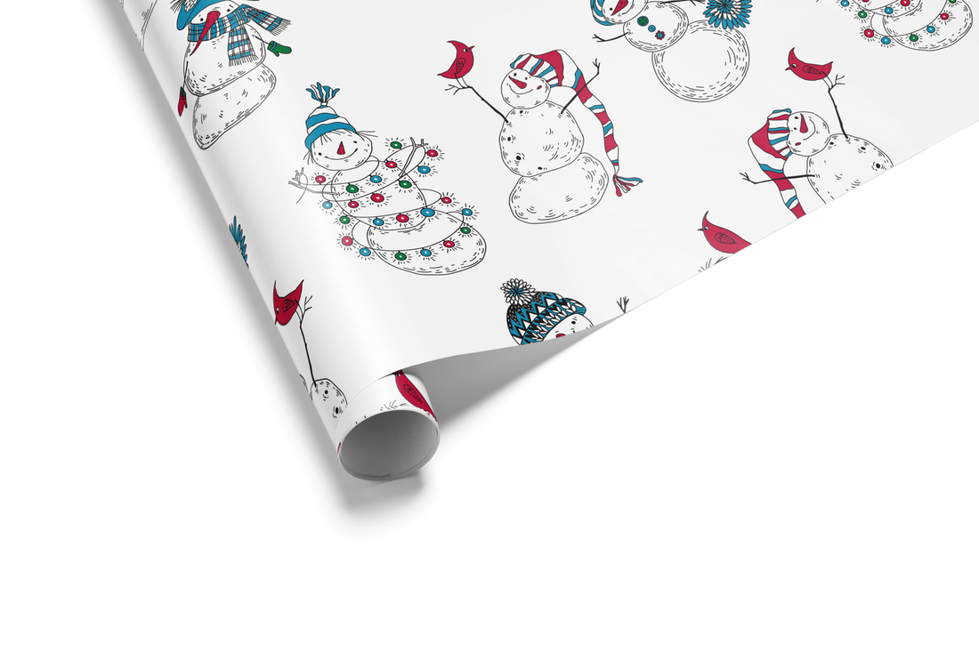 White Christmas wrapping paper with a dense, scattered pattern of hand-drawn snowmen accented with small touches of red and blue color.